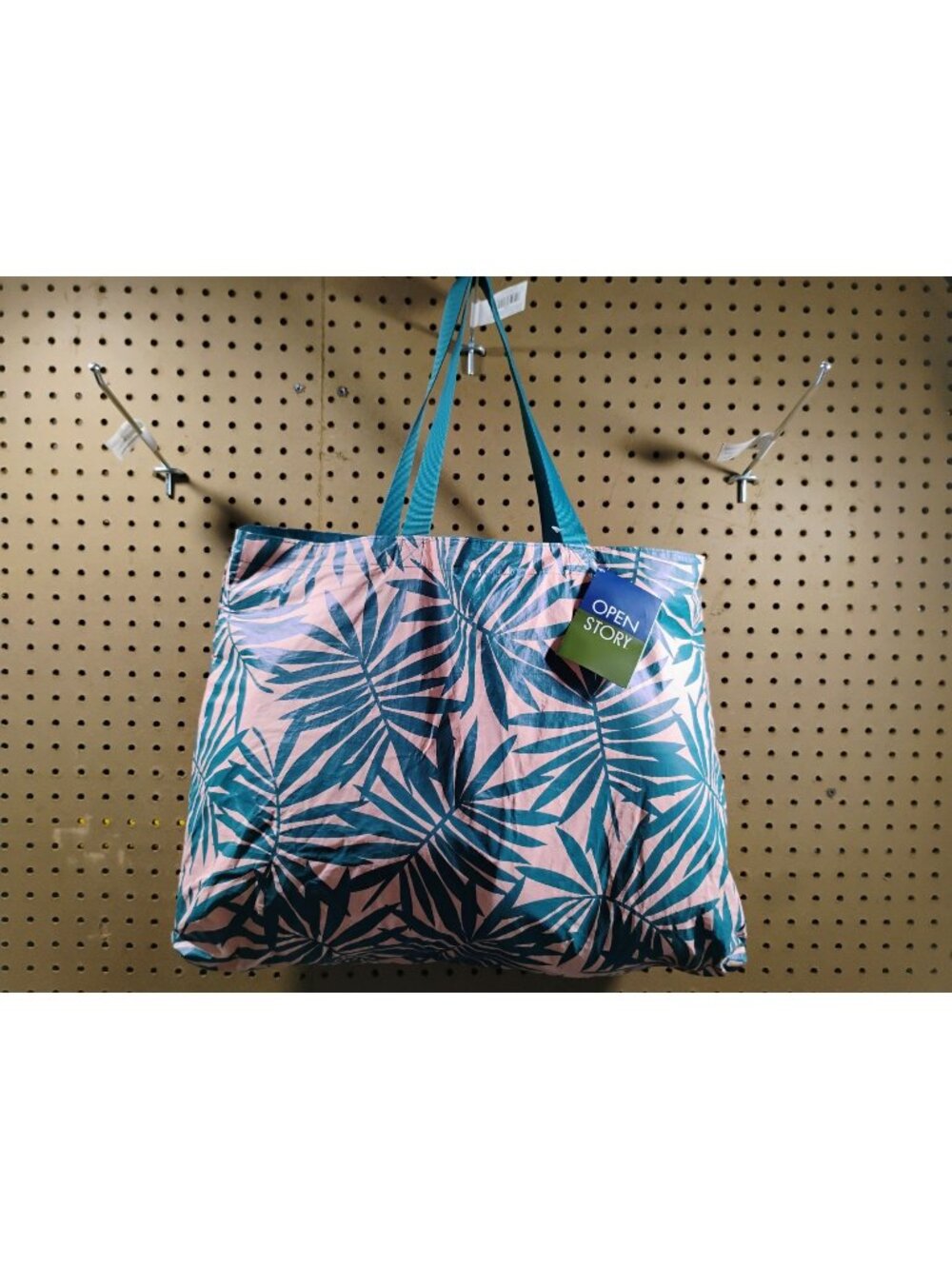 Open Story Collapsible Palm Leaf Tote Bag Pink/Teal Design Reusable